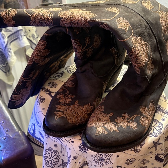 Shoes - Embroidered Black Floral Western Knee-High Boots